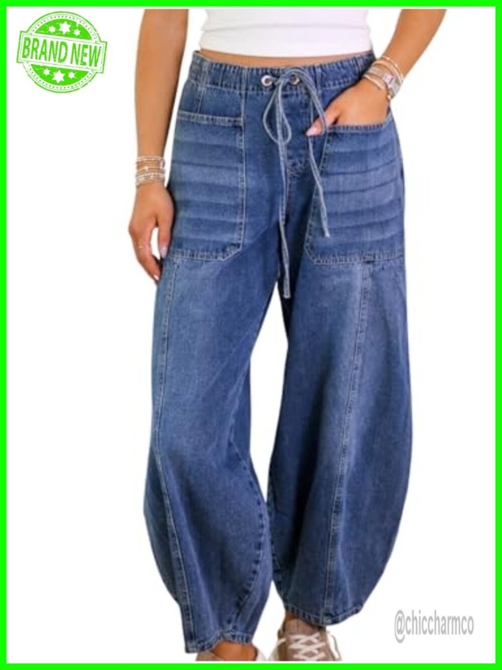 Women High Waisted Wide Leg Jeans Drawstring Loose Fit Cotton Denim Pants